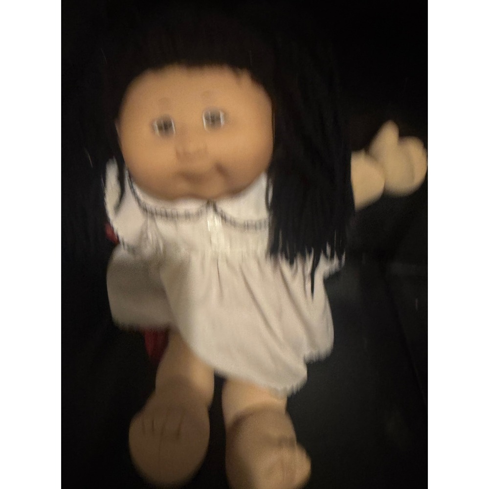 RARE Cabbage Patch Kids Doll Play Along Black Yarn Hair Brown Eyes White Dress